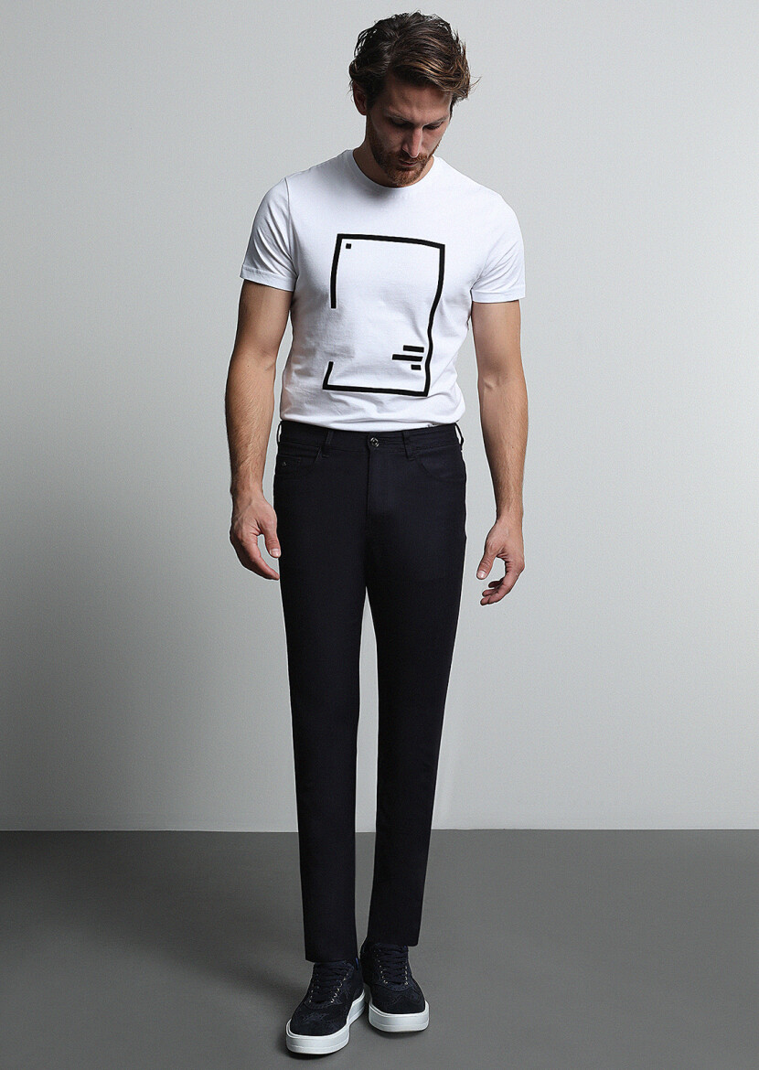 Lacivert Düz Kumaş Slim Fit Casual Yün Karışımlı Pantolon - 1