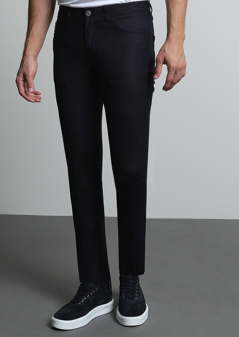 Lacivert Düz Kumaş Slim Fit Casual Yün Karışımlı Pantolon - 2