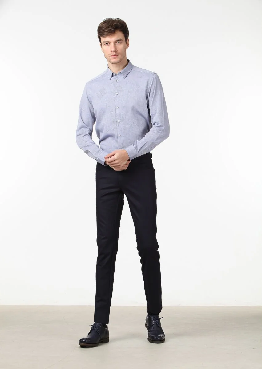 Lacivert Düz Kumaş Slim Fit Casual Yün Karışımlı Pantolon - 2