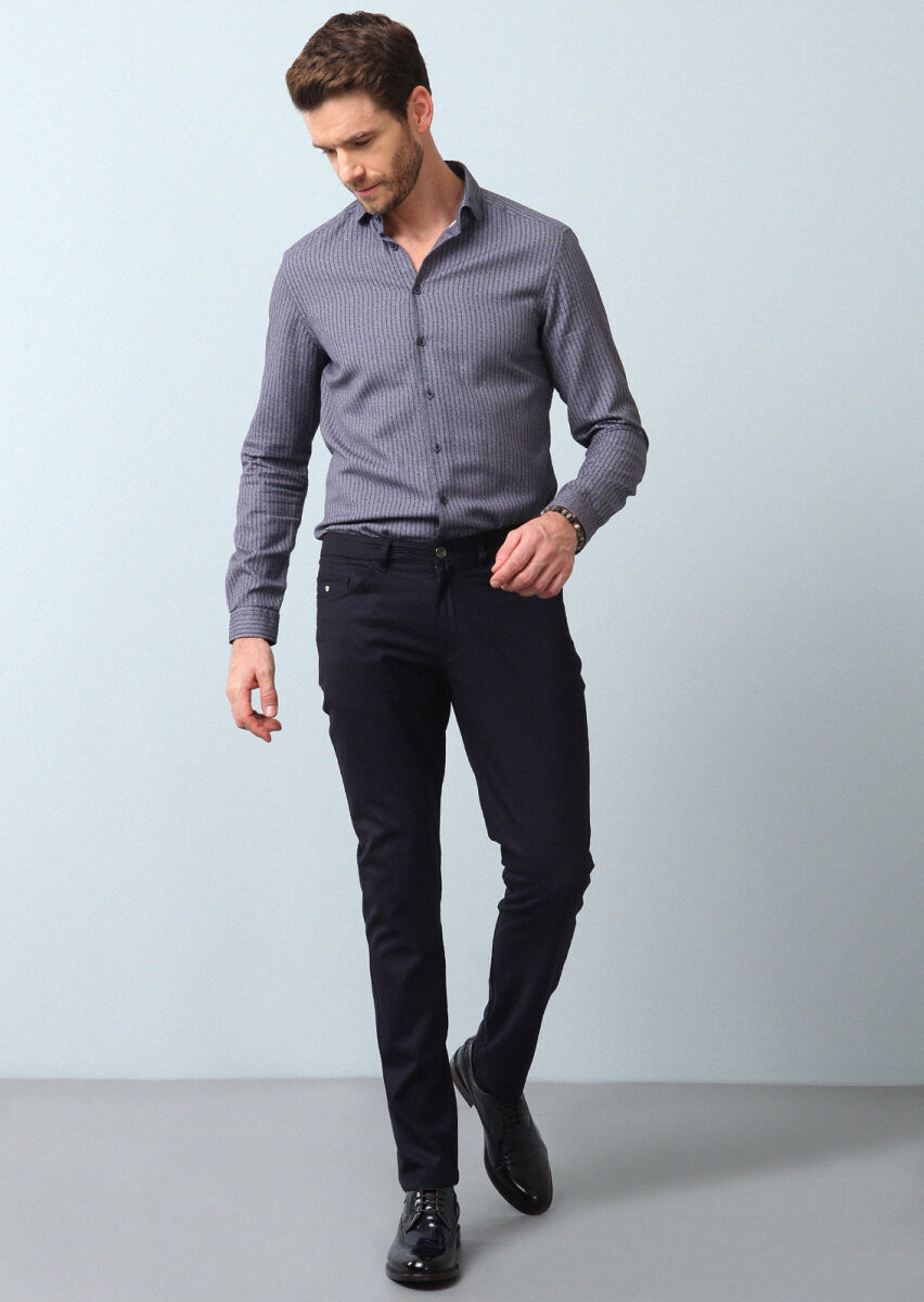 Lacivert Düz Kumaş Slim Fit Casual Yün Karışımlı Pantolon - 1