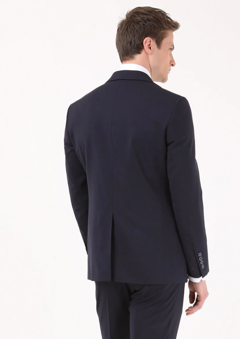 Lacivert Düz Modern Fit %100 Yün Takım Elbise - 4