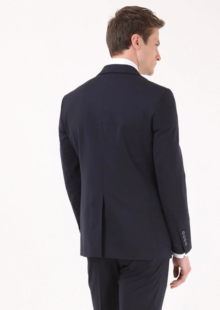 Lacivert Düz Modern Fit %100 Yün Takım Elbise - 4
