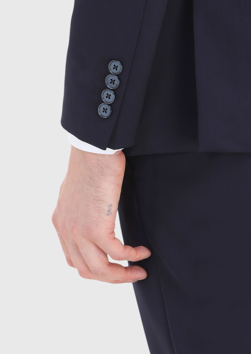 Lacivert Düz Modern Fit %100 Yün Takım Elbise - 4