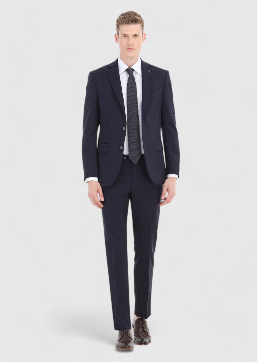 Lacivert Düz Modern Fit %100 Yün Takım Elbise - 1