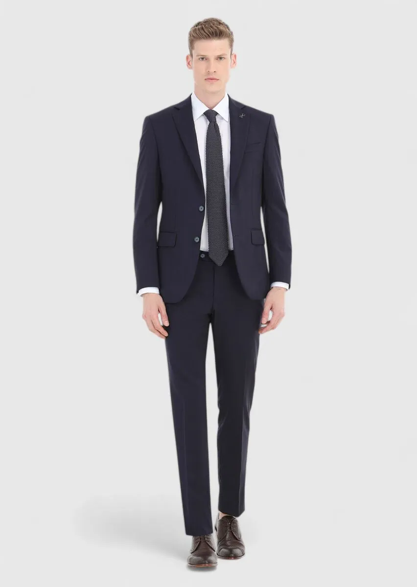 Lacivert Düz Modern Fit %100 Yün Takım Elbise - 1