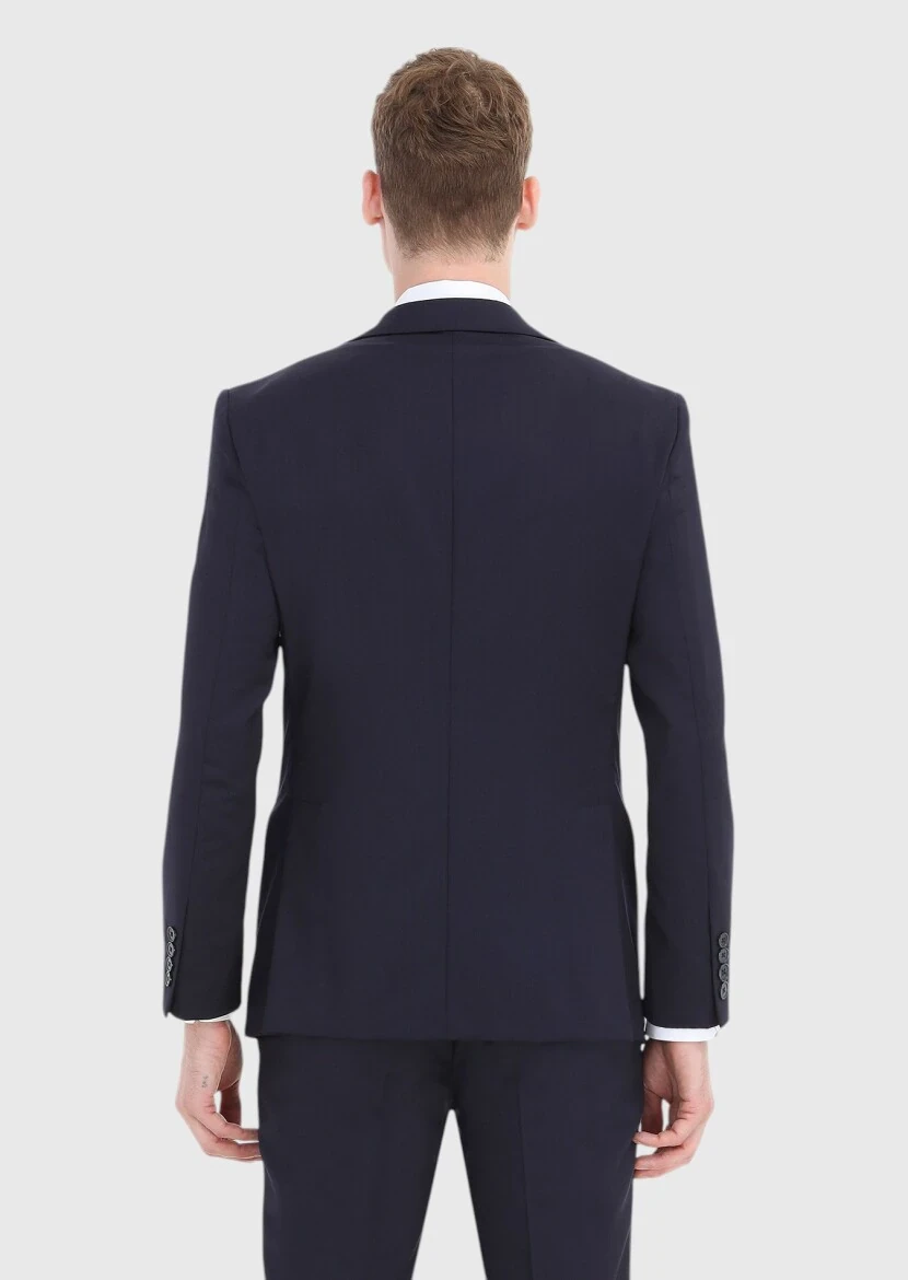 Lacivert Düz Modern Fit %100 Yün Takım Elbise - 5