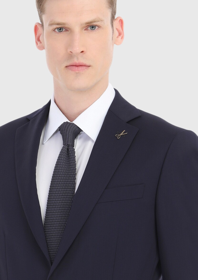 Lacivert Düz Modern Fit %100 Yün Takım Elbise - 3