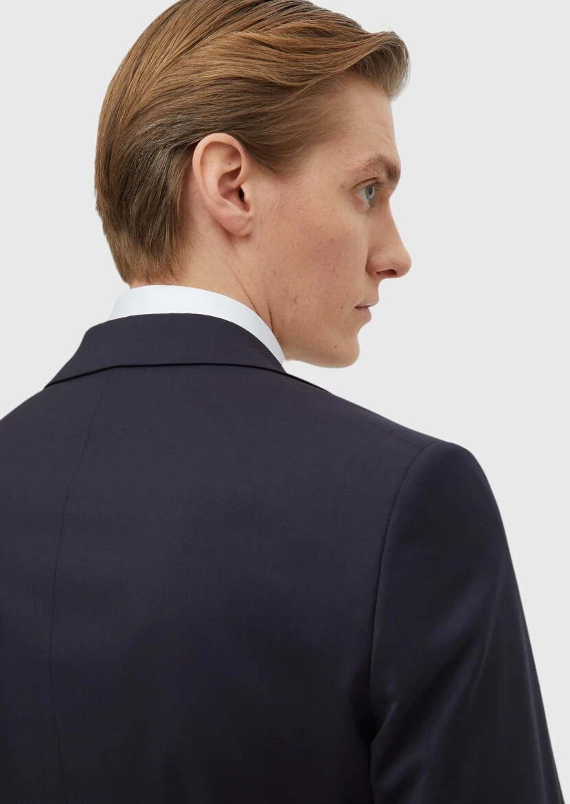 Lacivert Düz Modern Fit %100 Yün Takım Elbise - 5