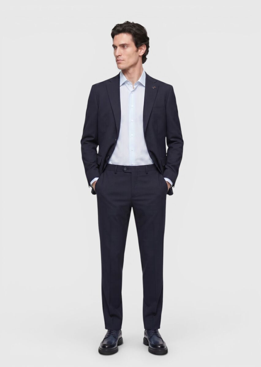 Lacivert Düz Modern Fit %100 Yün Takım Elbise - 1