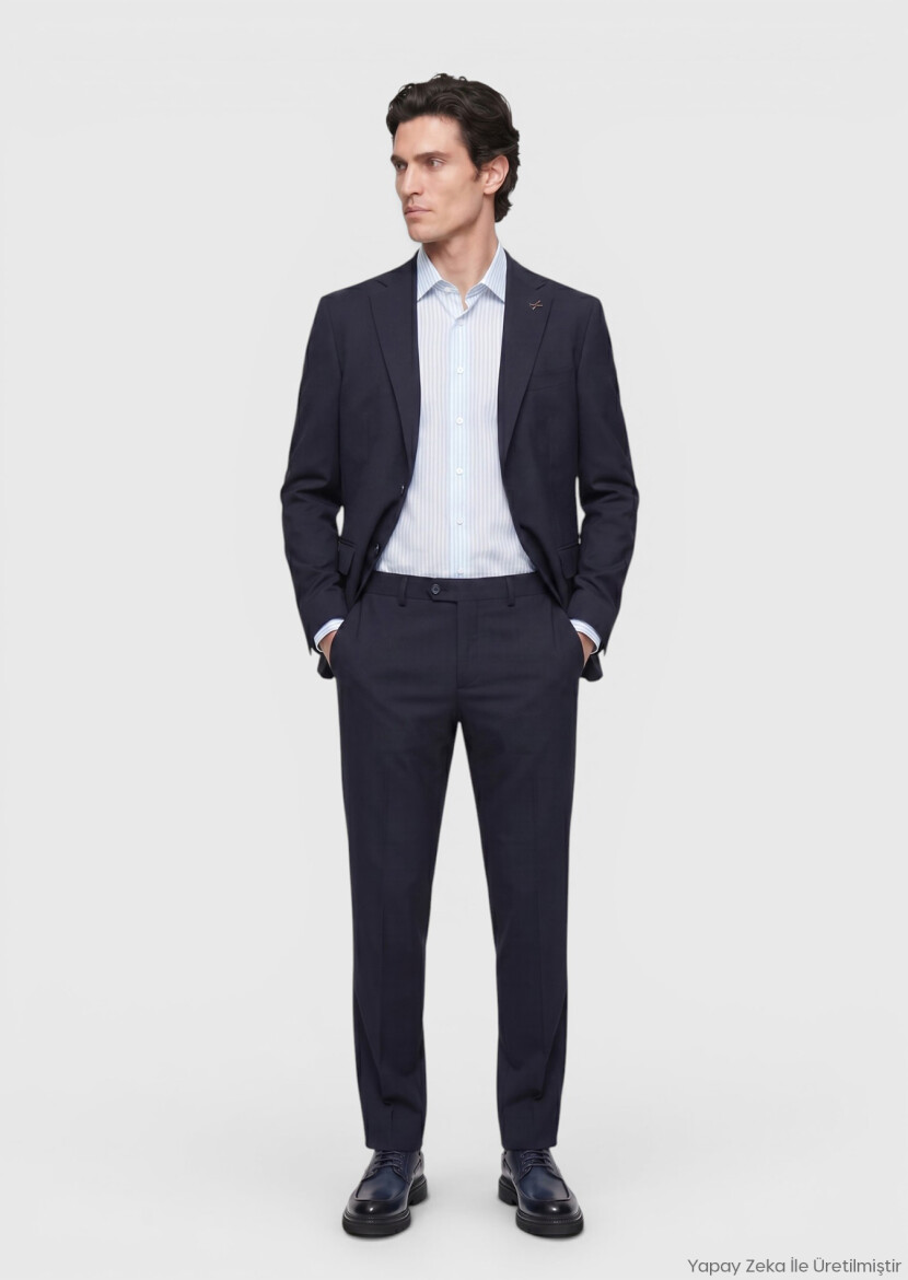 Lacivert Düz Modern Fit %100 Yün Takım Elbise - RAMSEY