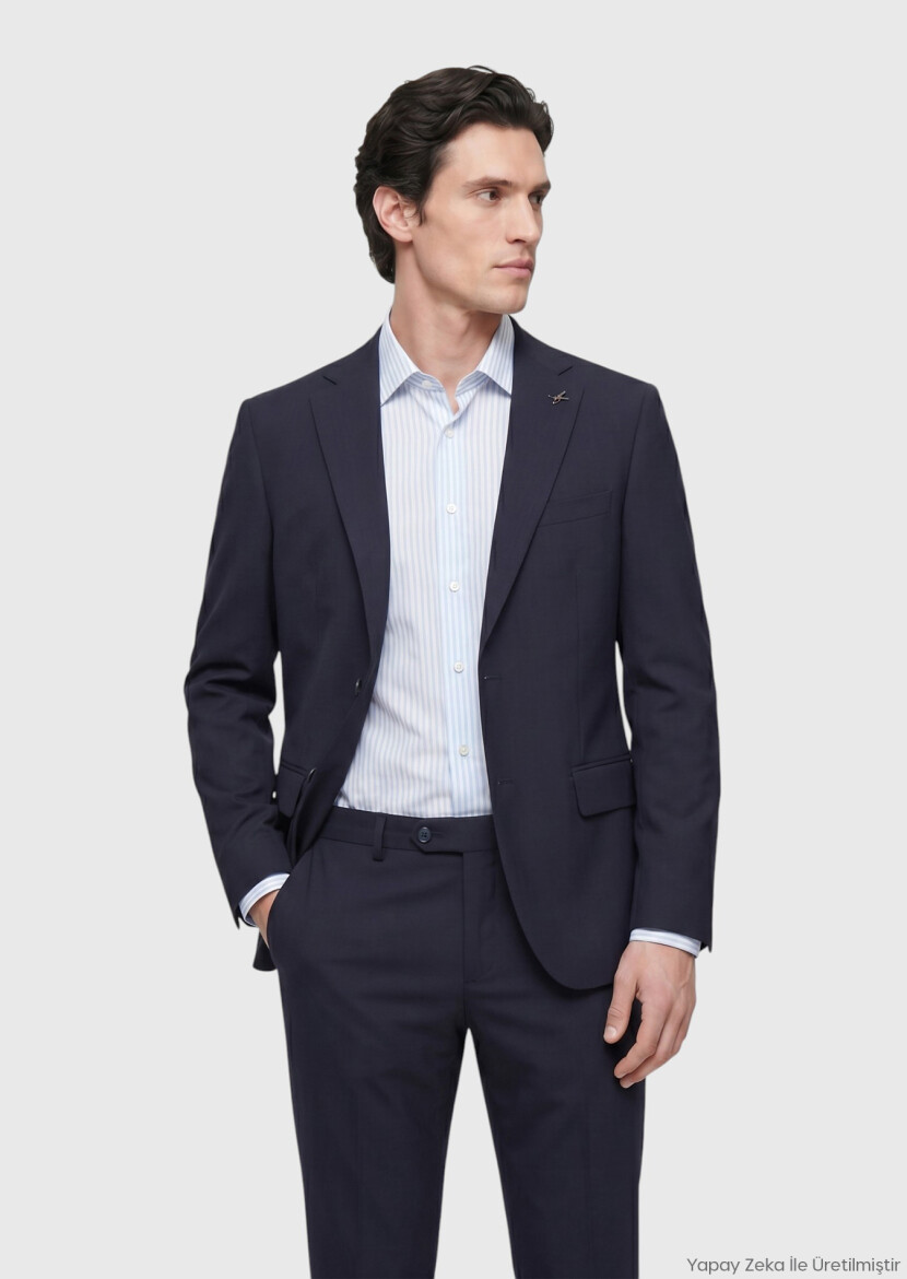 Lacivert Düz Modern Fit %100 Yün Takım Elbise - RAMSEY
