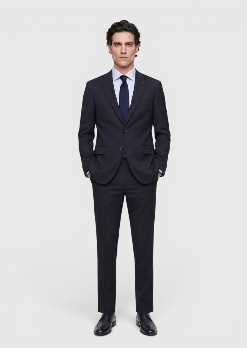 Lacivert Düz Modern Fit %100 Yün Takım Elbise - 3