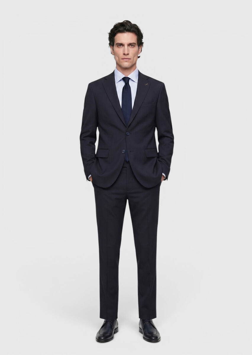 Lacivert Düz Modern Fit %100 Yün Takım Elbise - 3