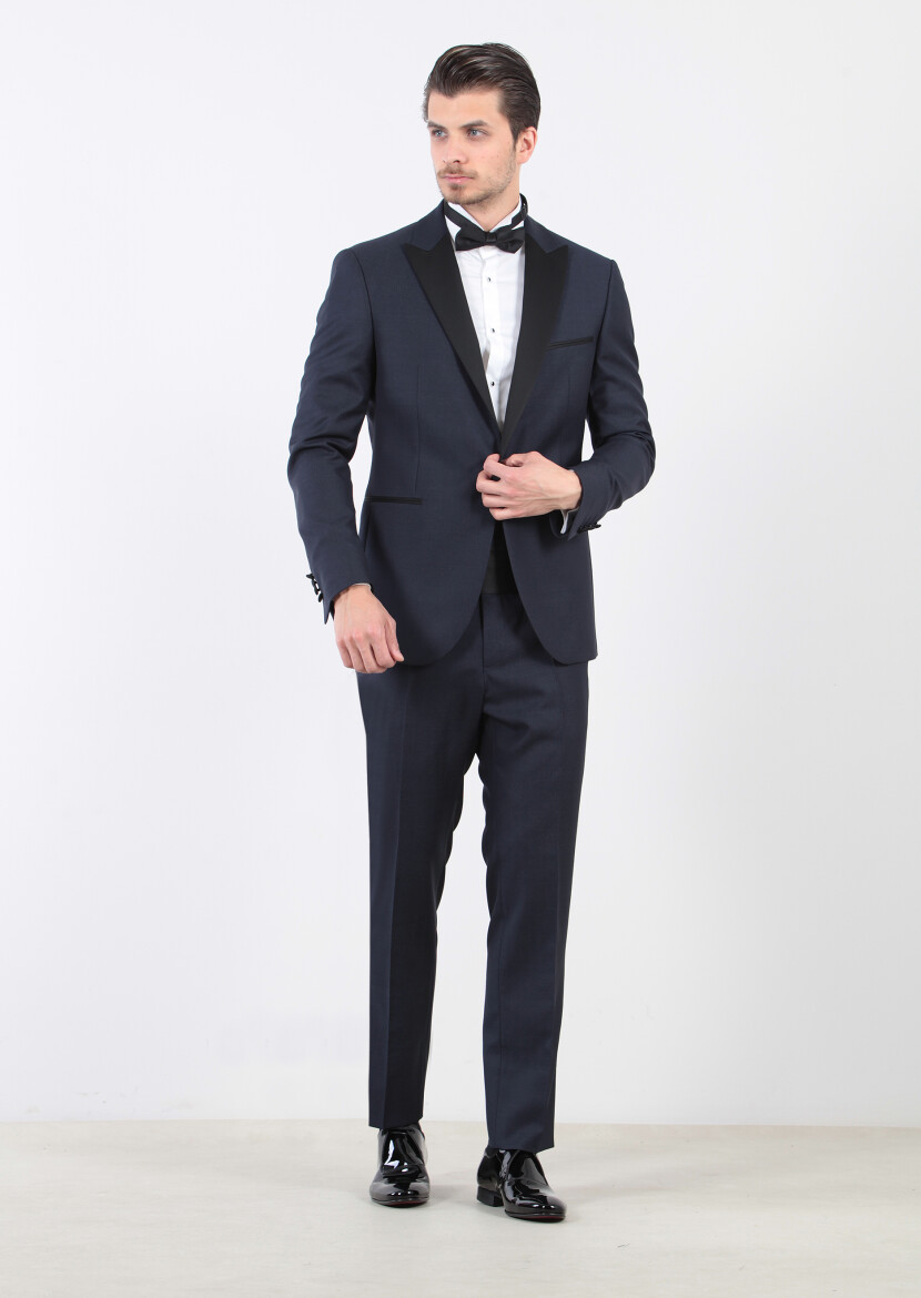 Lacivert Düz Modern Fit Kruvaze Yaka Dokuma Smokin Takım Elbise - 1