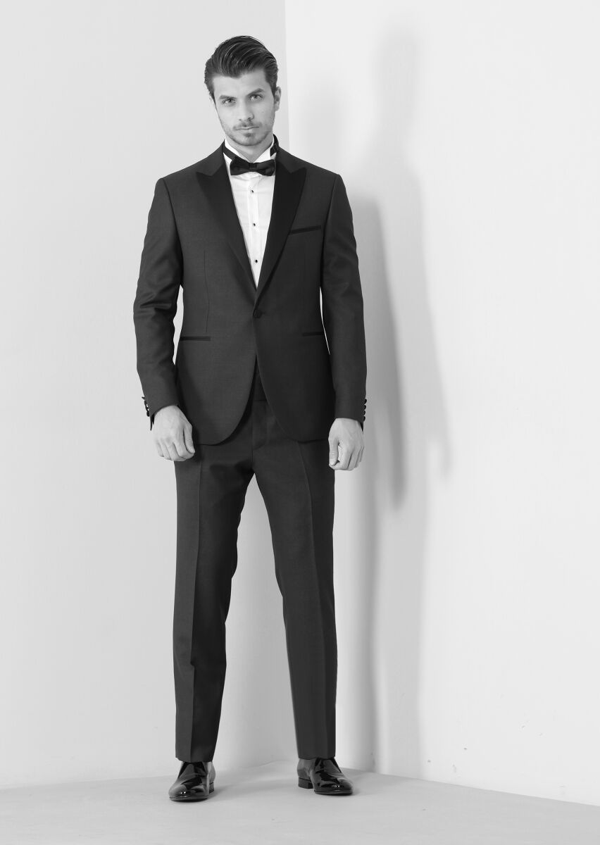 Lacivert Düz Modern Fit Kruvaze Yaka Dokuma Smokin Takım Elbise - 3