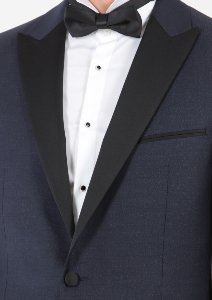 Lacivert Düz Modern Fit Kruvaze Yaka Dokuma Smokin Takım Elbise - 4