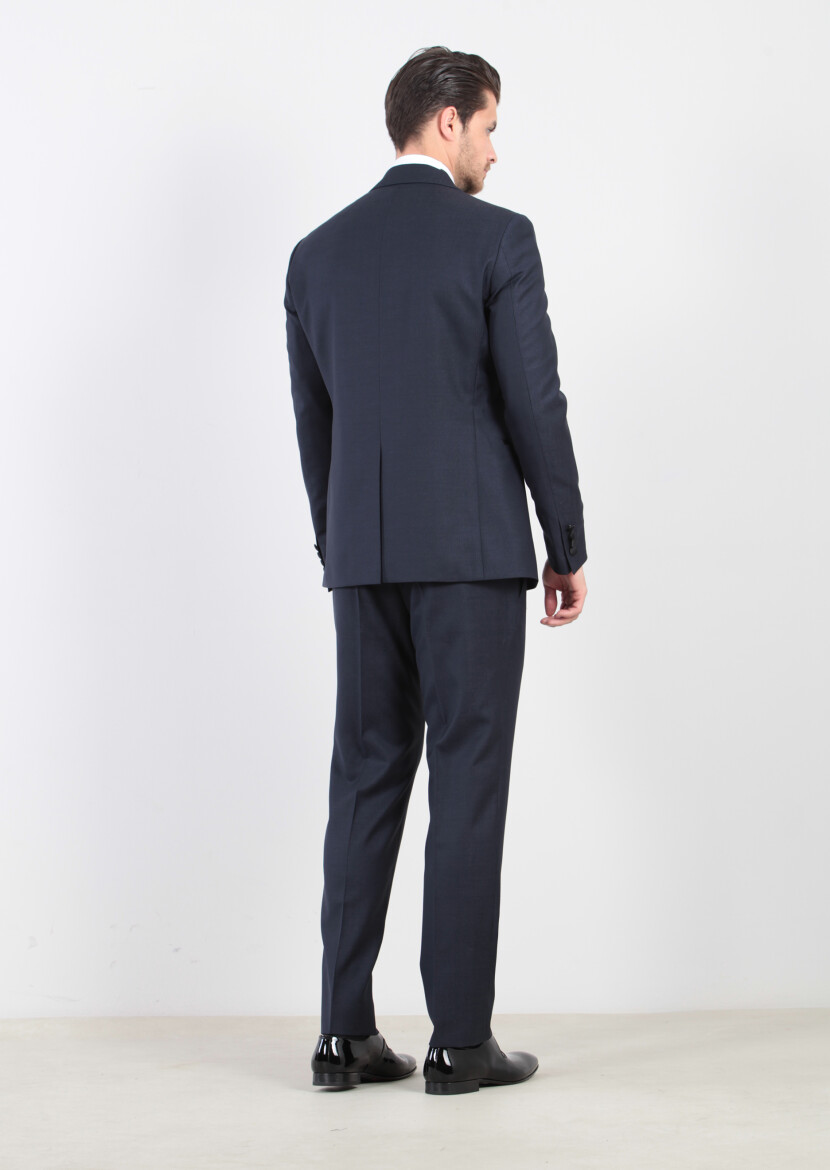 Lacivert Düz Modern Fit Kruvaze Yaka Dokuma Smokin Takım Elbise - 5