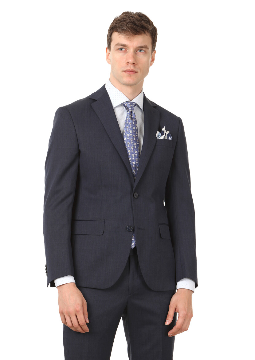 Lacivert Düz Modern Fit Yün Karışımlı Takım Elbise - 1