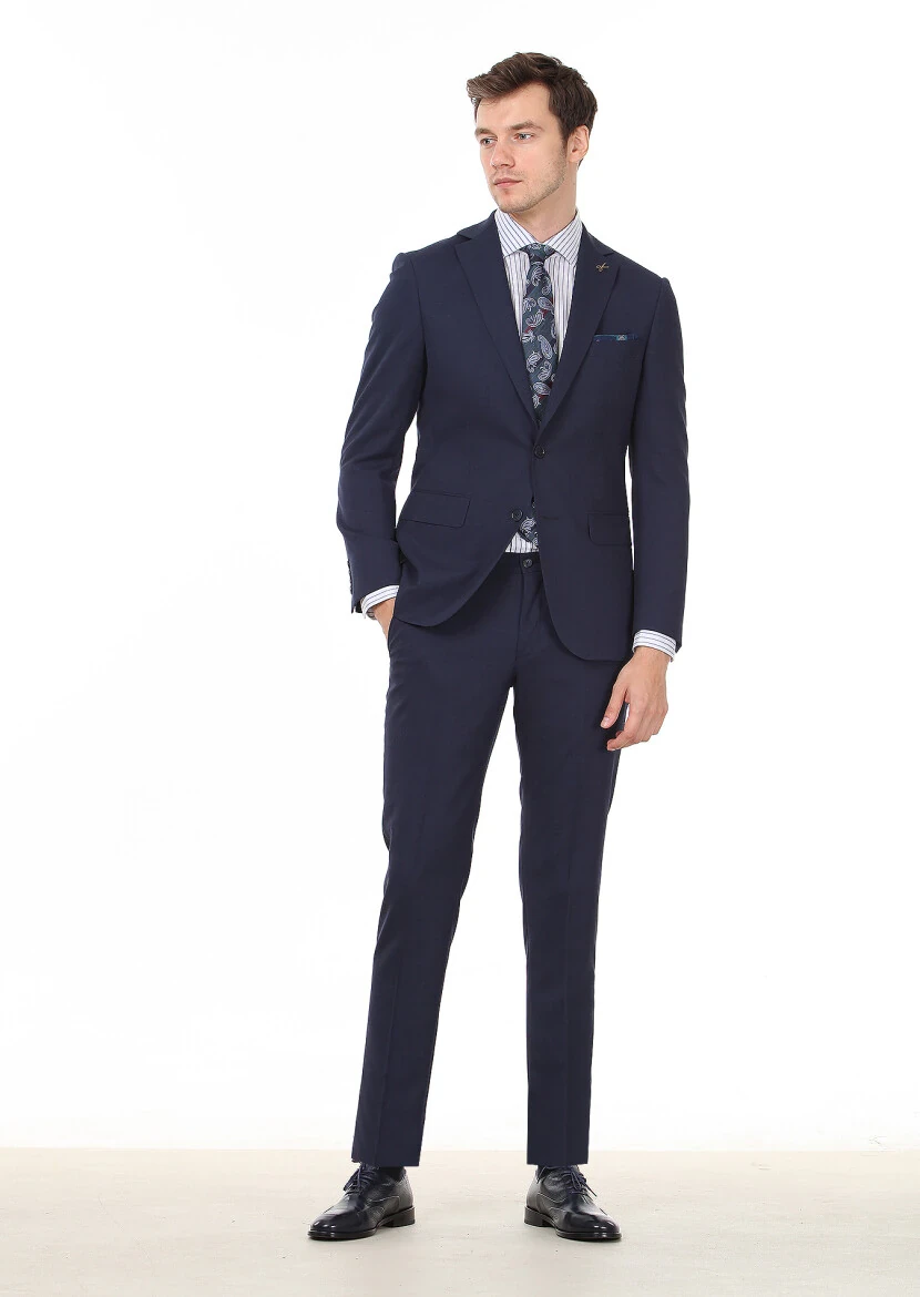 Lacivert Düz Modern Fit Yün Karışımlı Takım Elbise - 3