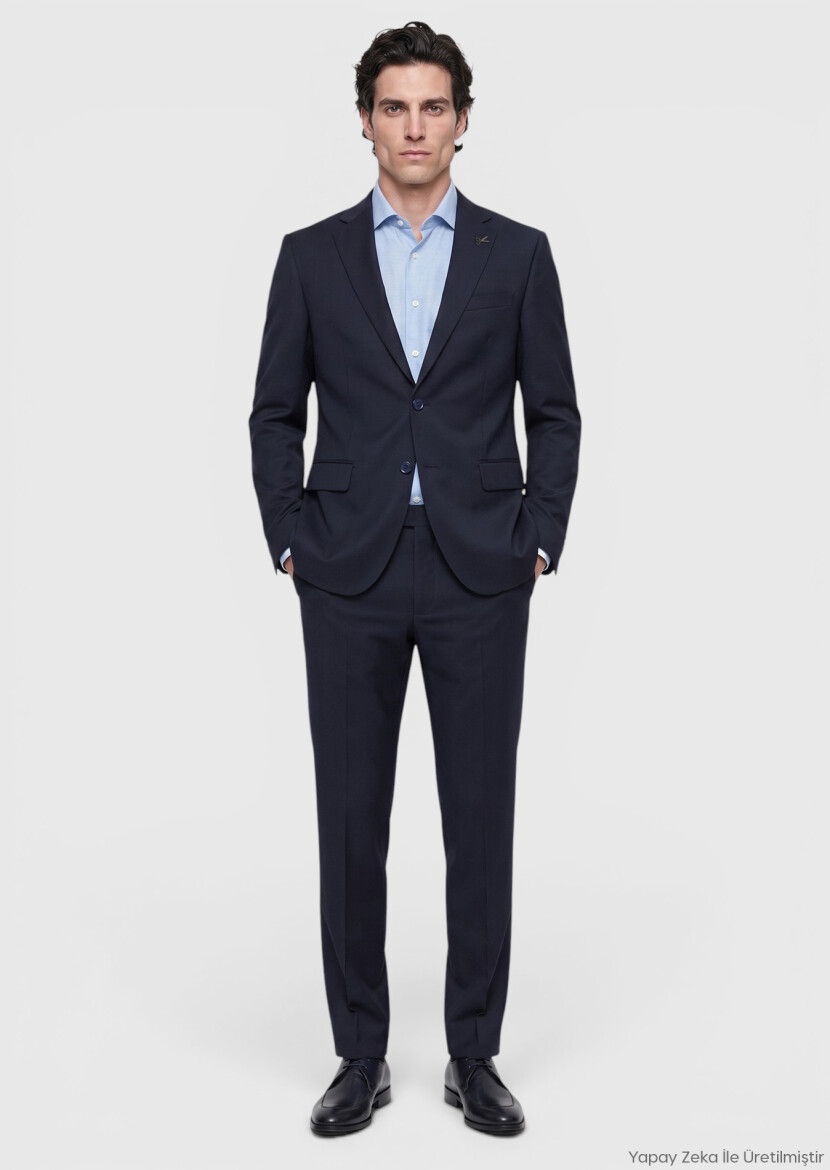 Lacivert Düz Modern Fit Yün Karışımlı Takım Elbise 