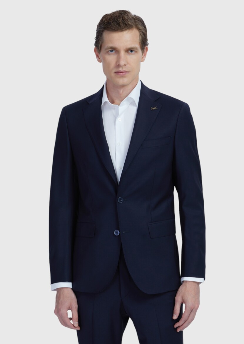 Lacivert Düz Modern Fit Yün Karışımlı Takım Elbise 