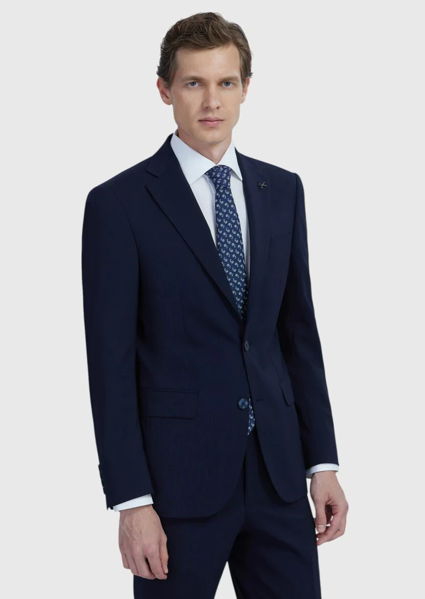 Lacivert Düz Modern Fit Yün Karışımlı Takım Elbise - 1