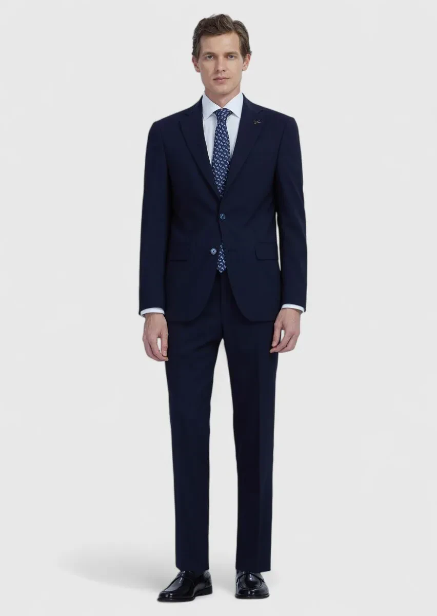 Lacivert Düz Modern Fit Yün Karışımlı Takım Elbise - 2