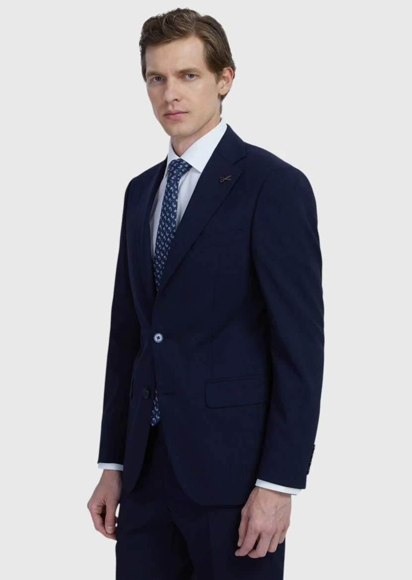 Lacivert Düz Modern Fit Yün Karışımlı Takım Elbise - 3