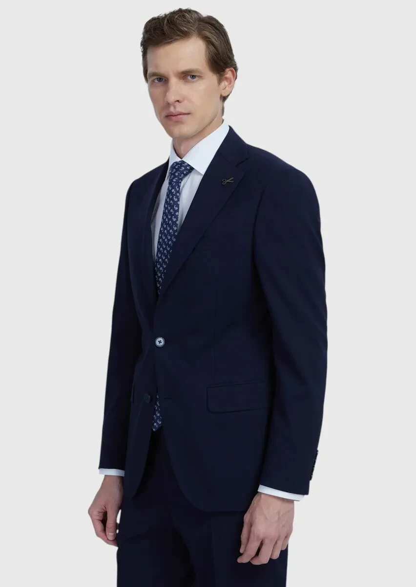 Lacivert Düz Modern Fit Yün Karışımlı Takım Elbise - 3