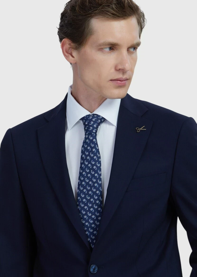 Lacivert Düz Modern Fit Yün Karışımlı Takım Elbise - 4