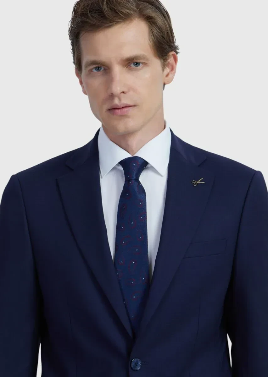 Lacivert Düz Modern Fit Yün Karışımlı Takım Elbise - 4