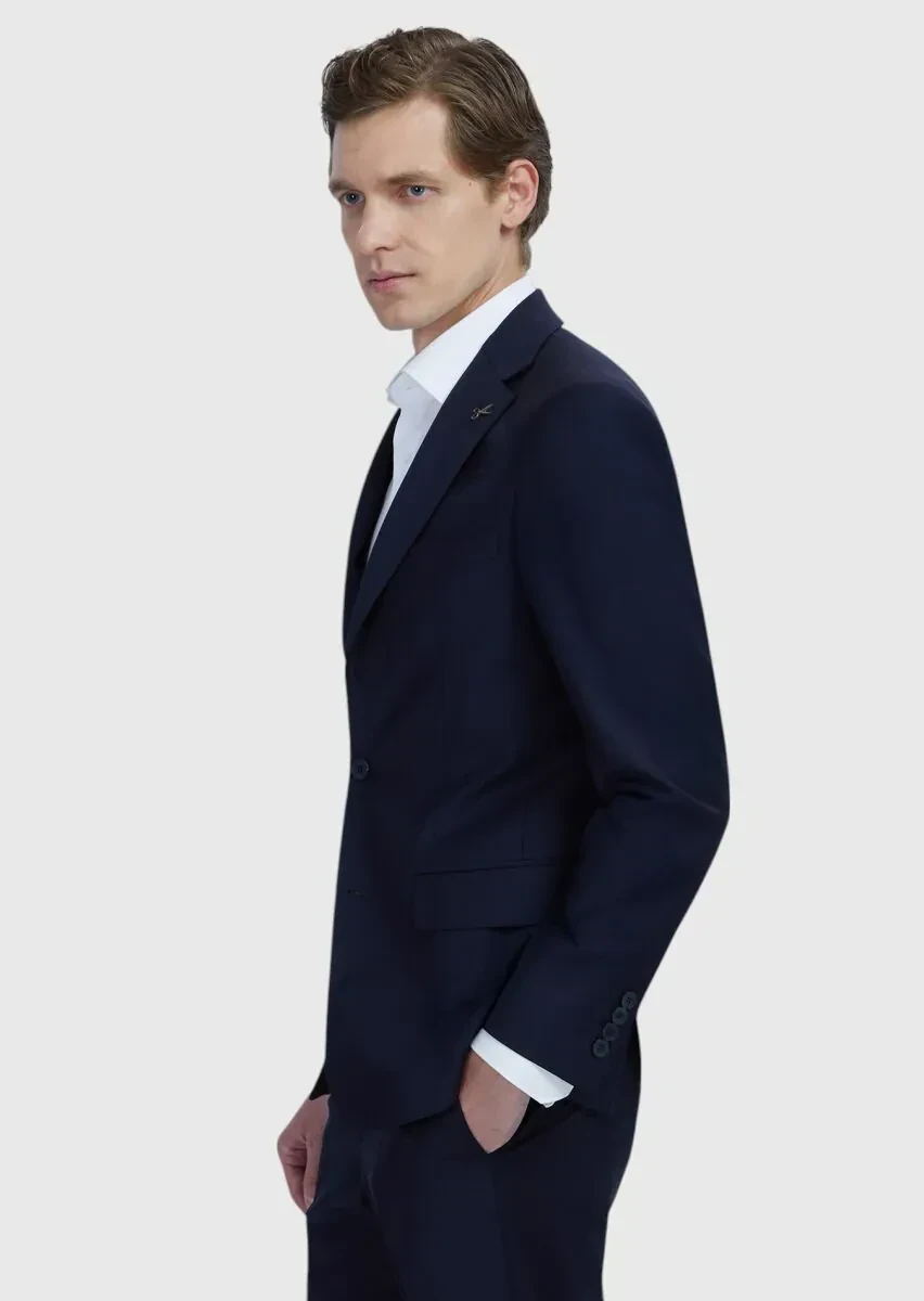 Lacivert Düz Modern Fit Yün Karışımlı Takım Elbise - 3