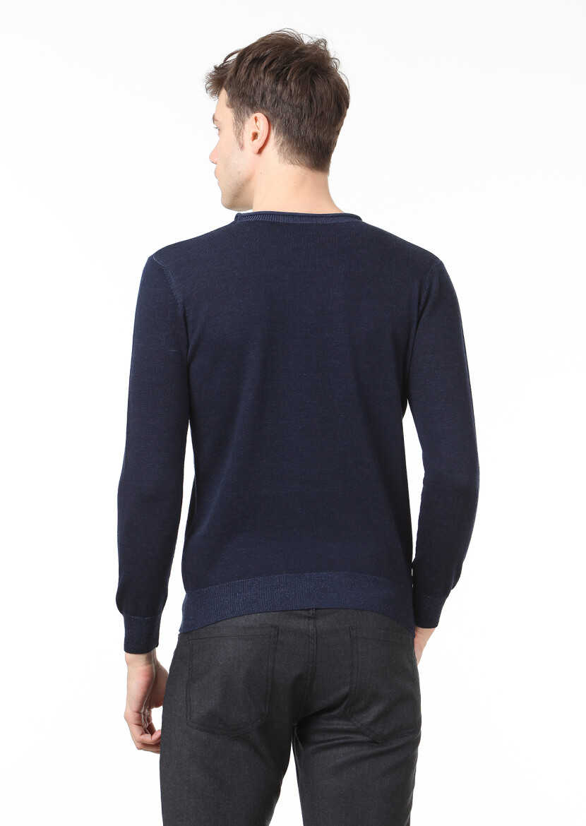 Lacivert Düz Örgü Yün Karışımlı Triko Kazak - 4