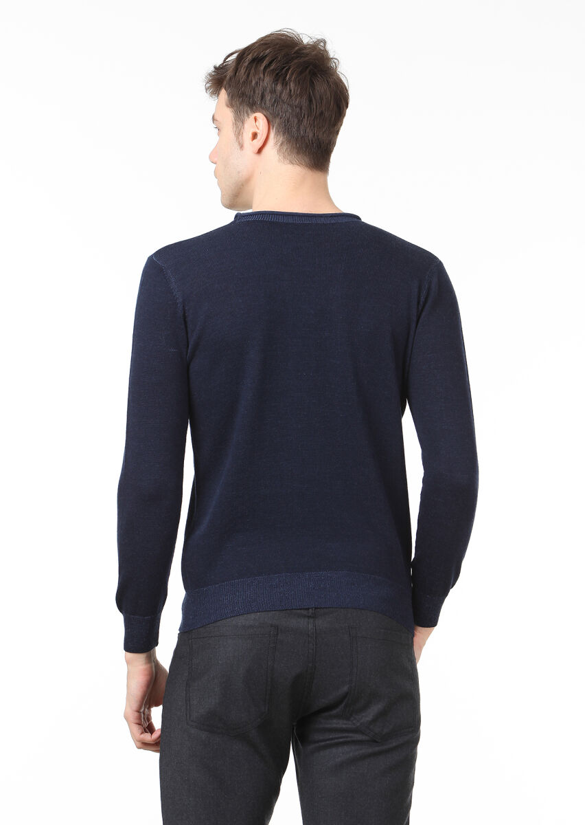 Lacivert Düz Örgü Yün Karışımlı Triko Kazak - 4