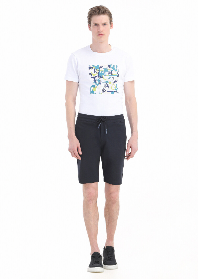 Lacivert Düz Örme Regular Fit Casual Pamuk Karışımlı Bermuda - 1