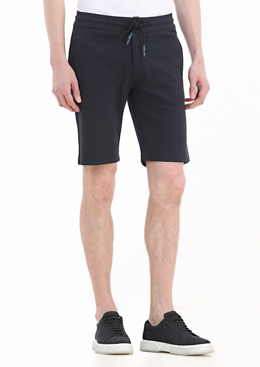 Lacivert Düz Örme Regular Fit Casual Pamuk Karışımlı Bermuda 