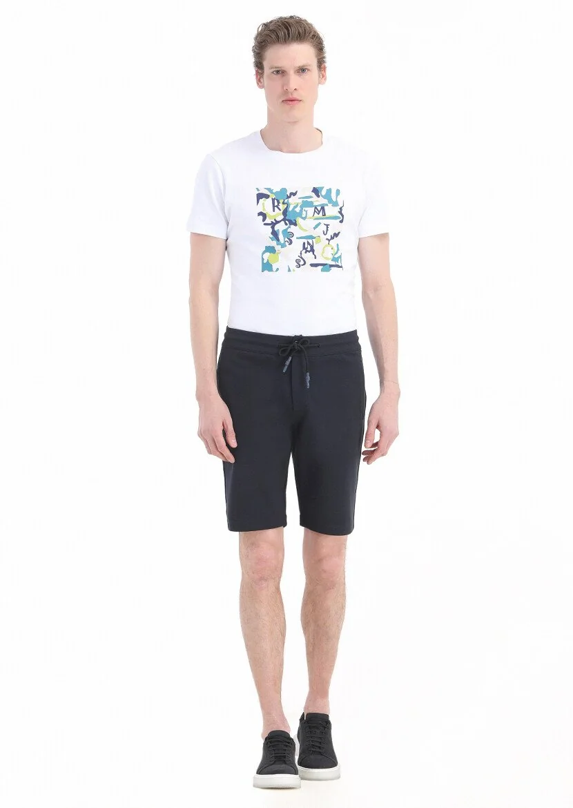 Lacivert Düz Örme Regular Fit Casual Pamuk Karışımlı Bermuda - 1