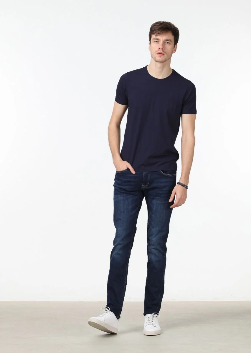 Lacivert Düz Pamuk Karışımlı T-Shirt - 2