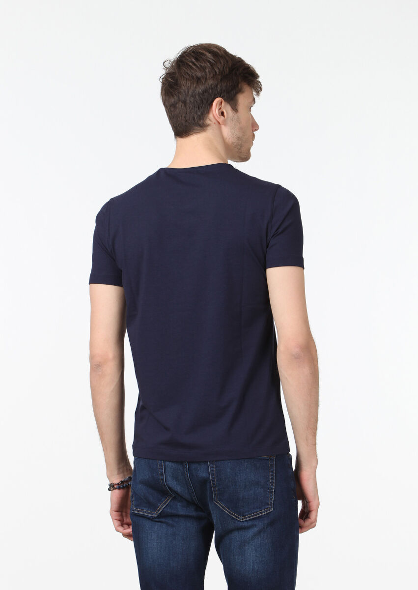 Lacivert Düz Pamuk Karışımlı T-Shirt - 4