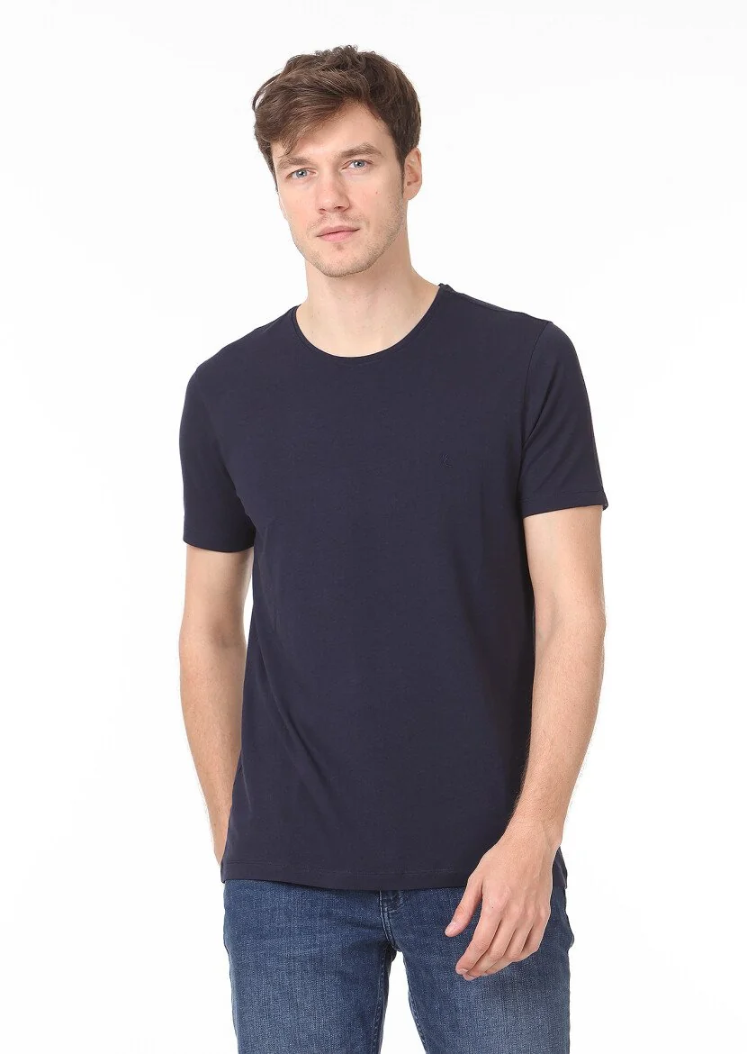 Lacivert Düz Pamuk Karışımlı T-Shirt - 1