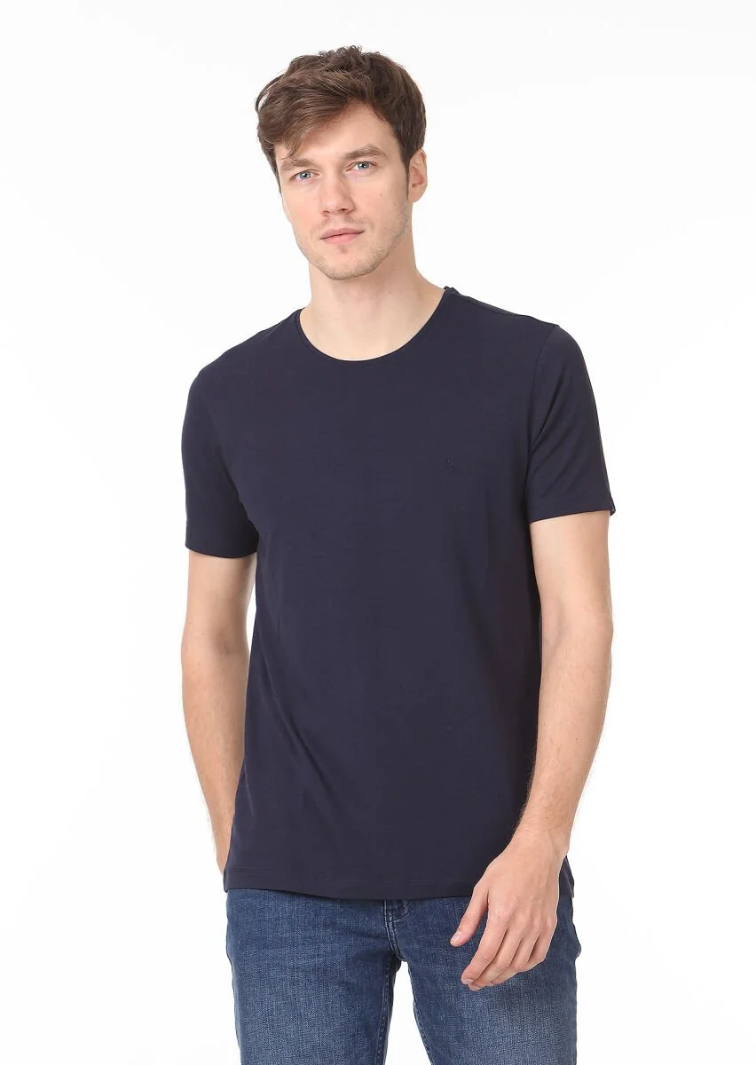 Lacivert Düz Pamuk Karışımlı T-Shirt - 1