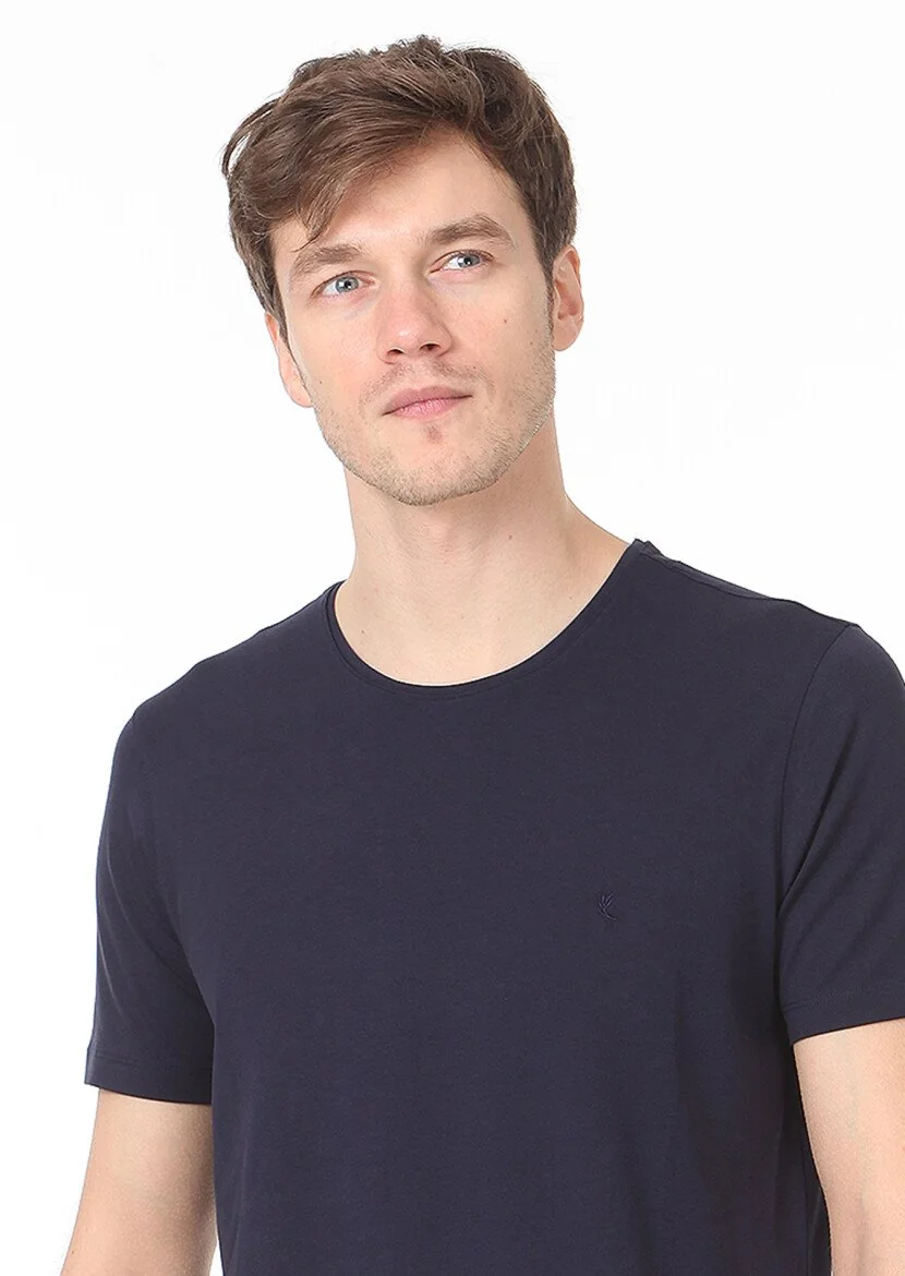 Lacivert Düz Pamuk Karışımlı T-Shirt 