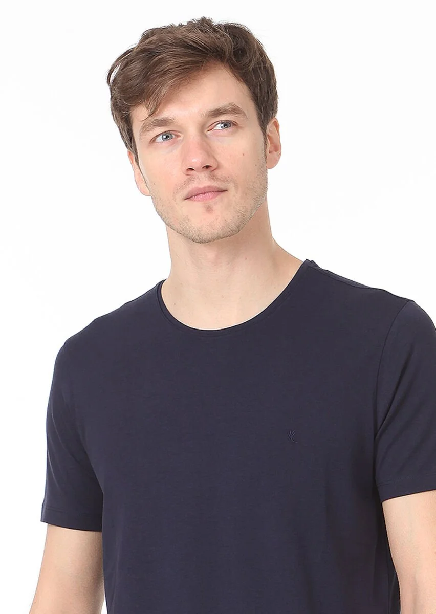 Lacivert Düz Pamuk Karışımlı T-Shirt - 2