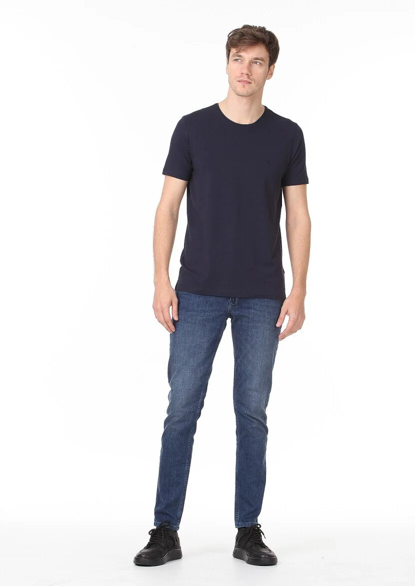 Lacivert Düz Pamuk Karışımlı T-Shirt - 3