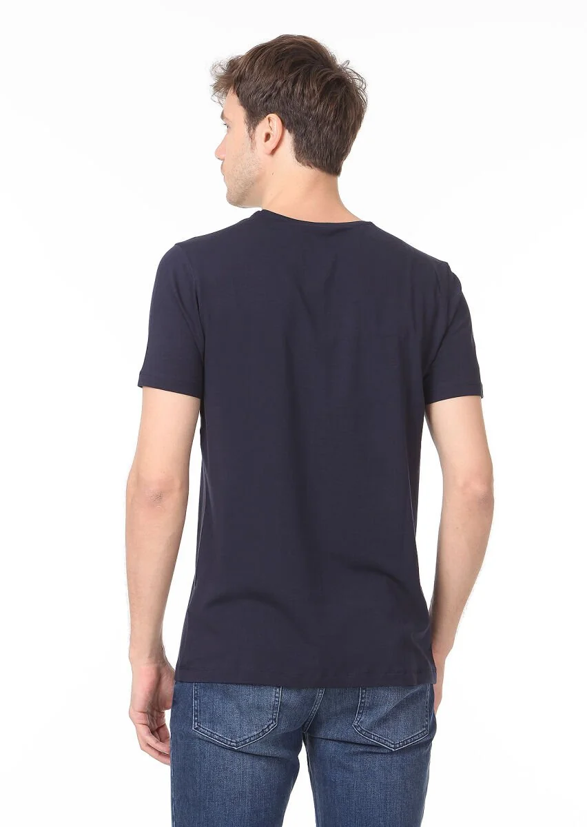 Lacivert Düz Pamuk Karışımlı T-Shirt - 4