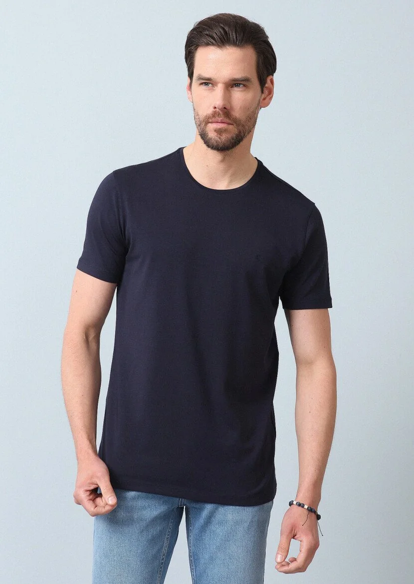 Lacivert Düz Pamuk Karışımlı T-Shirt 
