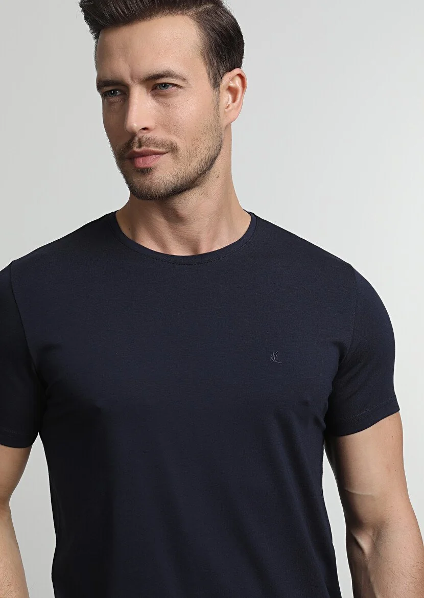 Lacivert Düz Pamuk Karışımlı T-Shirt 