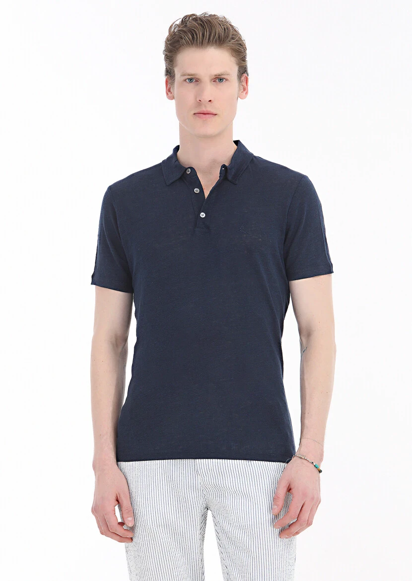 Lacivert Düz Polo Yaka %100 Keten T-Shirt 
