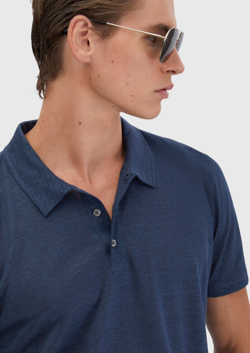 Lacivert Düz Polo Yaka %100 Keten T-Shirt - 5