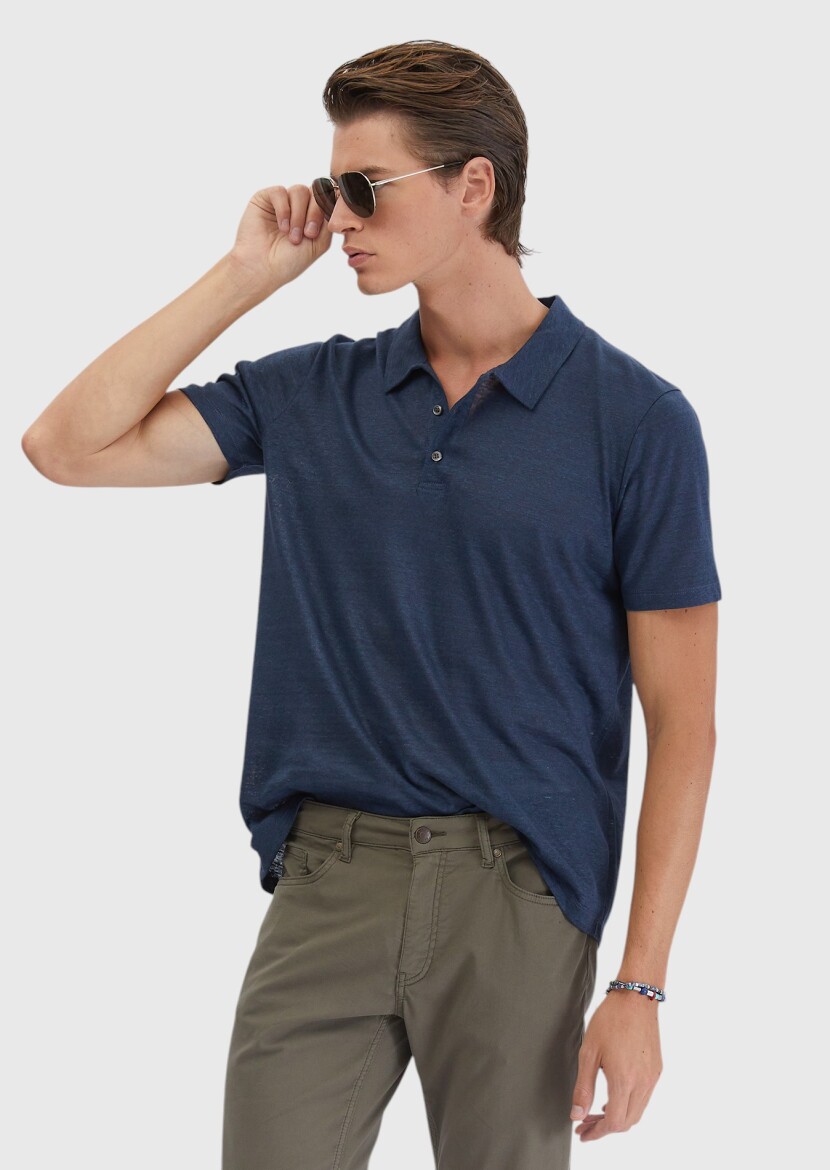 Lacivert Düz Polo Yaka %100 Keten T-Shirt 